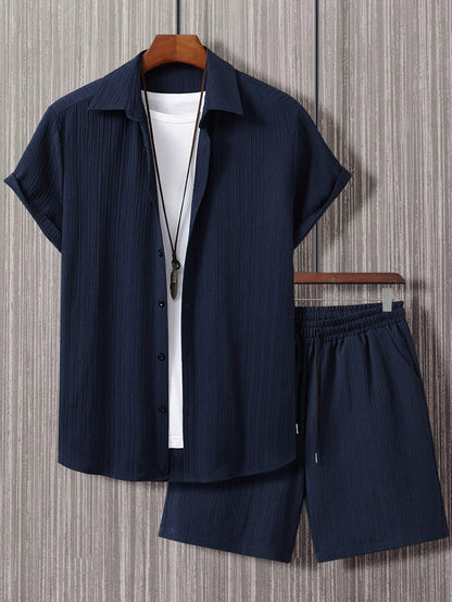 Manfinity Homme Men Solid Button Front Shirt & Plain Drawstring Waist Shorts without Tee, Going Out, Cozy Outfits, Formal