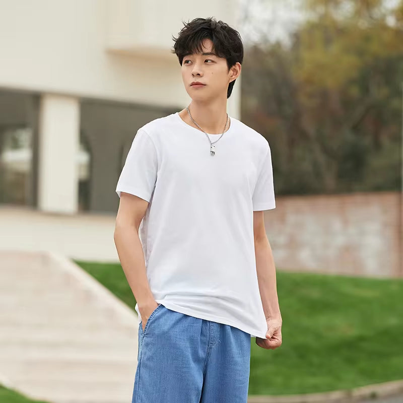 Summer Cotton T Shirts Men 2025 Simple O Neck Stretch Solid New Tops Clothing Casual Tshirt Man Streetwear Cool Tee Shirts